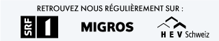 SRF 1 logo . Migros logo . Hev-Schweiz logo